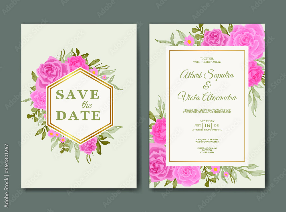 beautiful pink rose flower warecolor wedding invitation template