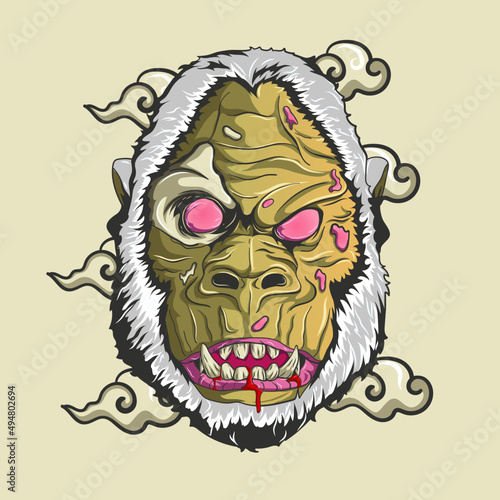 zombie gorilla head with oriental clouds