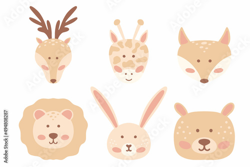 Fototapeta Naklejka Na Ścianę i Meble -  Children's set of drawn animals. Baby boho style. Cute animals : Deer, giraffe, fox, bear, lion, hare. Vector illustration.