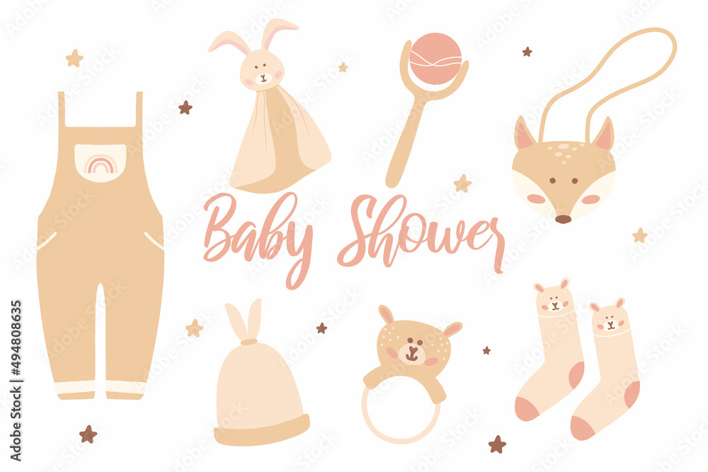 A collection of essentials for newborns in a boho style. Baby products for the first year of life. Baby shower. A collection of essentials for newborns in a boho style. Baby products for the first year of life. Baby shower.