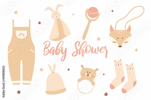 A collection of essentials for newborns in a boho style. Baby products for the first year of life. Baby shower.