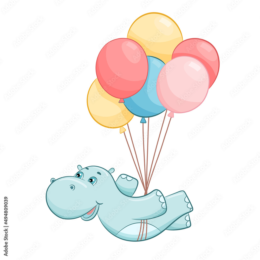Hand drawn cartoon cute hippo flying on balloons vector illustration. Hippopotamus isolated on white background. Cute baby character Hand drawn cartoon cute hippo flying on balloons vector illustration. Hippopotamus isolated on white background. Cute baby character