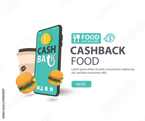 Cash back Food, money refund icon concept. burger and coffee, online payment on mobile