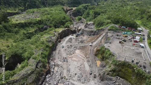 Aerial view of sand and stone mining activity in Merapi mountain Indonesia.