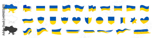 Ukraine flag set. Ukraina map on a transparent background. Waving Glorious Ukraine Flag. National symbol. Square, round and heart shape. Stock vector.