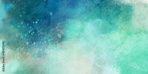 Aquamarine watercolor powder splatters and blots. Blank Abstract light watercolor paper background with space for copy space. fantastic soft cloud and sky abstract background with grunge texture. 