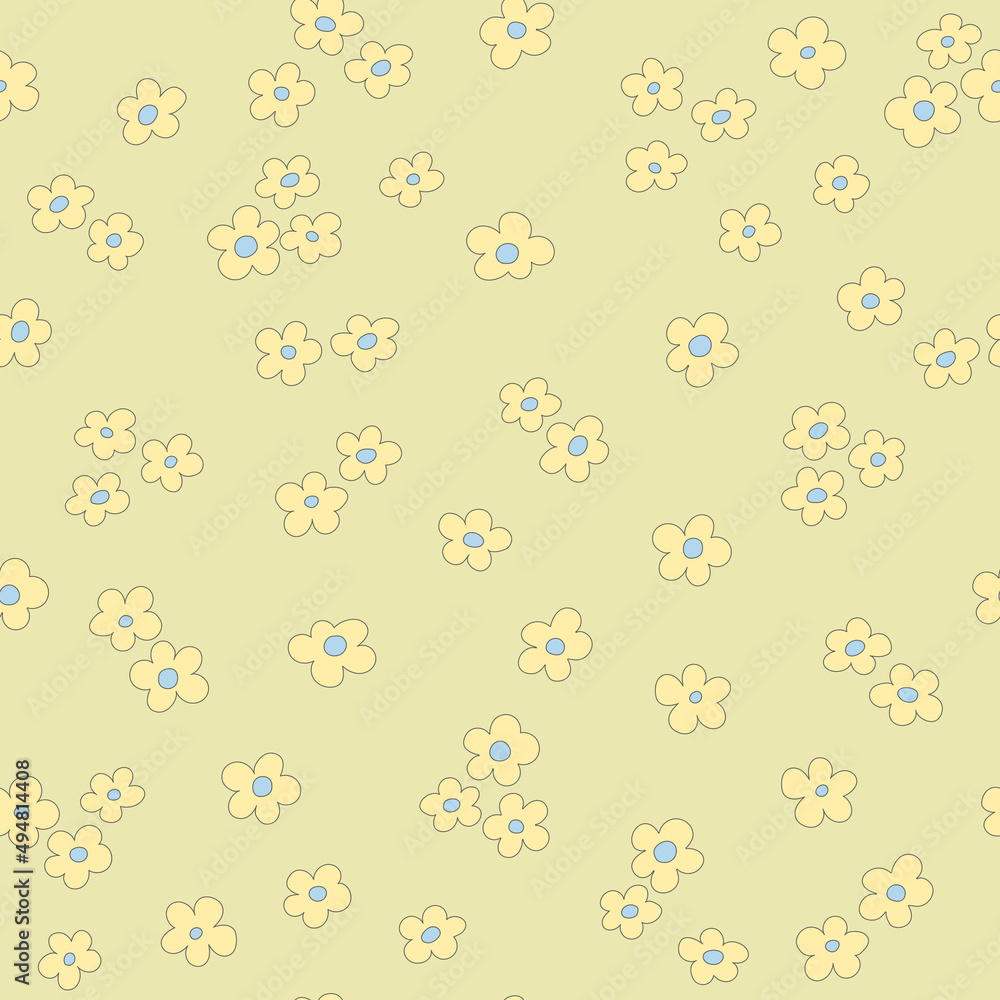 simple blue and yellow flowers on green repetitive background. floral seamless pattern. vector illustration. fabric swatch. wrapping paper. continuous print. design template for textile, home decor