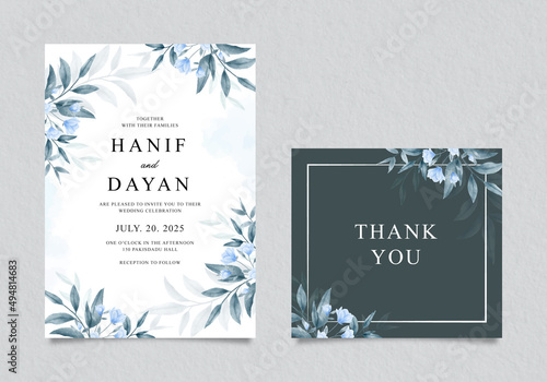 Beautiful wedding invitation template with blue floral watercolor