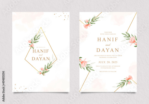 Minimalist wedding invitation template with golden frame and orange floral watercolor