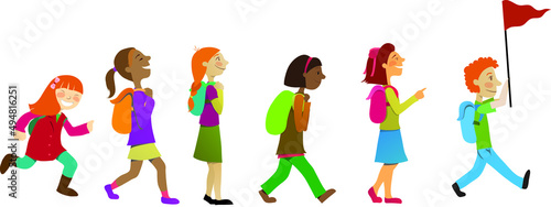 outlined vector illustration of a group of young kids of different sex and nationalities

