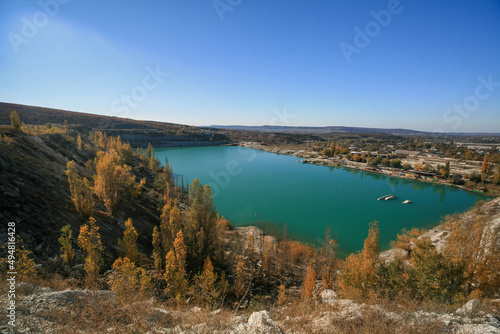 Mountain lake among the autumn forest, Crimea.