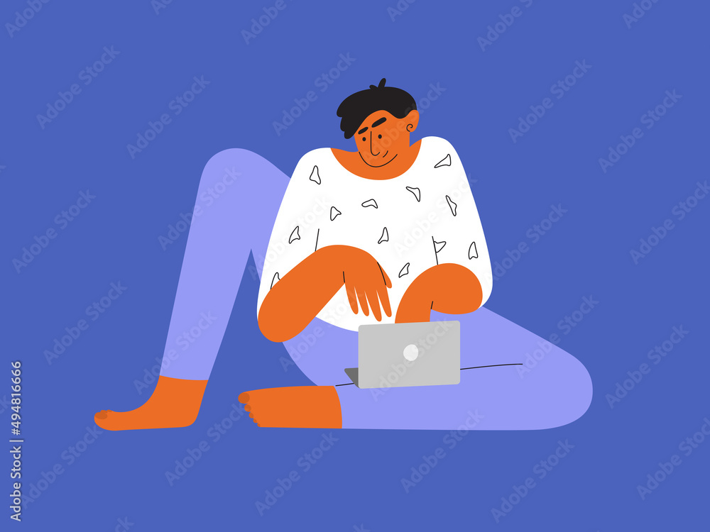 Big man with huge legs sitting on floor working online using laptop. Work at home, freelancing concept. Male character chatting social media, making video call, browsing internet. Vector illustration