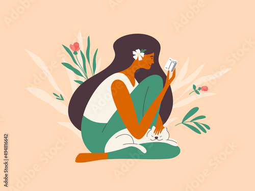 Young woman reads book stroking cat. Beautiful girl with flower in hair sitting outdoor enjoying reading. Relax time, leisure, self care, rest. Female character relaxing in nature vector illustration