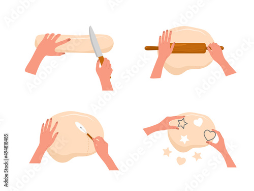 Kneading dough hands. Woman preparing homemade bakery or cookies. Top view. Stay home and cook healthy food by recipe. Vector illustration in flat cartoon style.