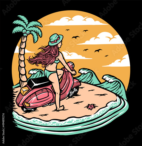 beautiful woman riding a scooter on the beach illustration
