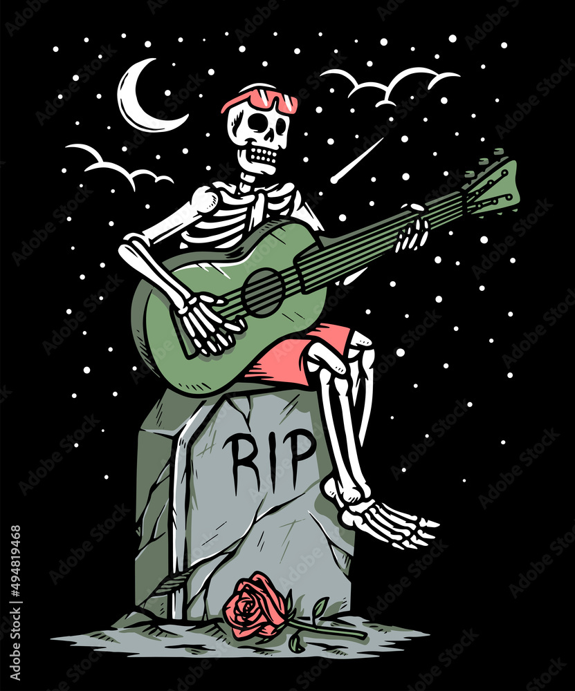 skeleton playing guitar in grave illustration