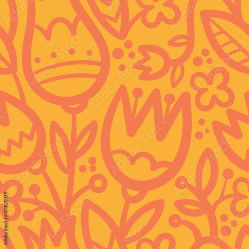 Seamless pattern with different plants and  flowers on  orange background. Vector print with herbs. Botanical doodle wallpaper.