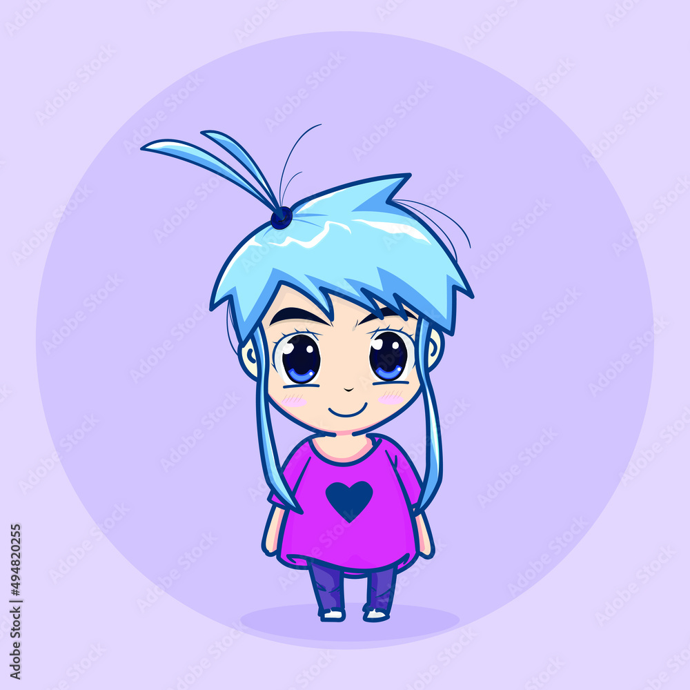 cute and pretty little girl with blue hair and purple shirt with heart logo