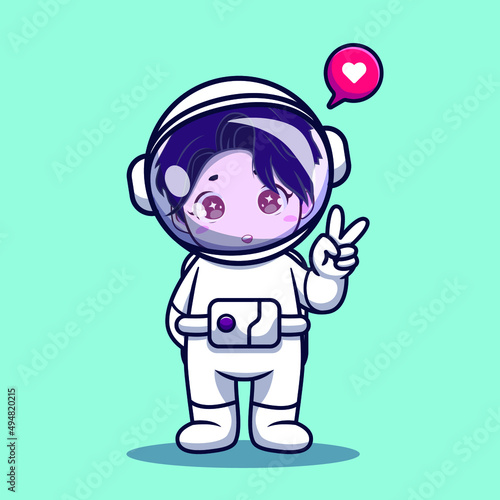 handsome astronaut make a peace sign and using his helmet