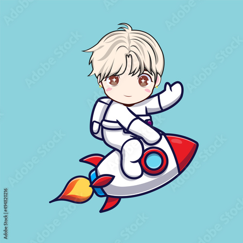 handsome and cute astronaut with white hair ride his rocket
