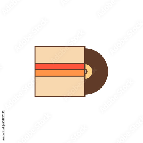 Vintage vinyl record with retro album cover. Oldschool nostalgic plastic vynil for gramophone. LP disc. Old music record on black disk outline icon. Vector illustration isolated on white background.