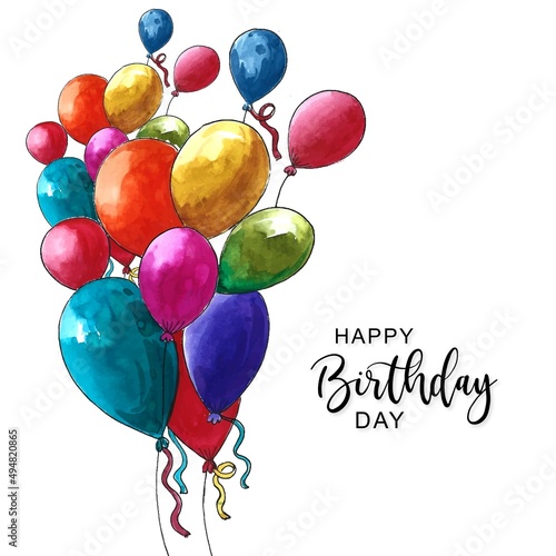 Beautiful flying colorful balloons happy birthday watercolor background