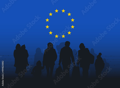 Refugees. People are being evacuated from the war zone. Women, children, old people go with their things. European Union. Vector image.