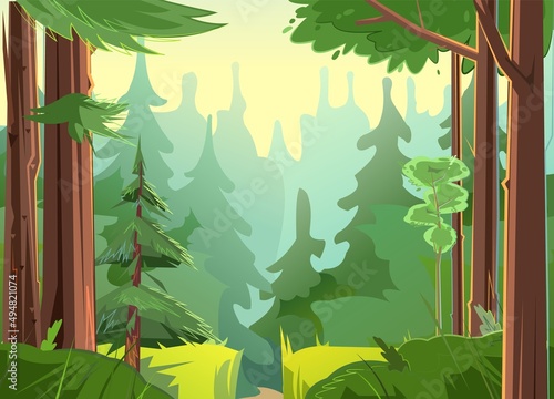 Road in the coniferous forest. Beautiful summer landscape with trees. Green pines and ate. Illustration in cartoon style flat design. Vector