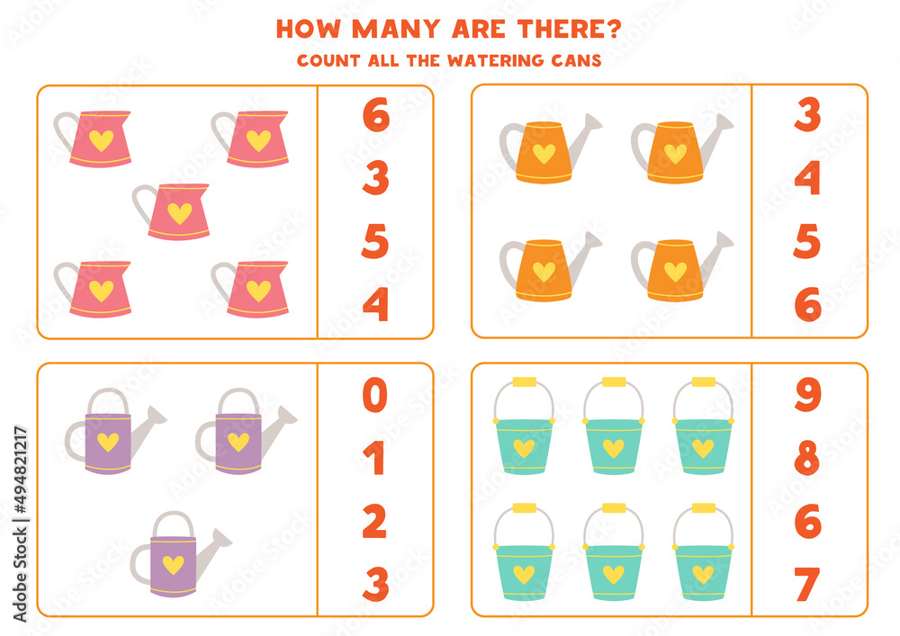 Counting game with cartoon watering cans. Educational worksheet.