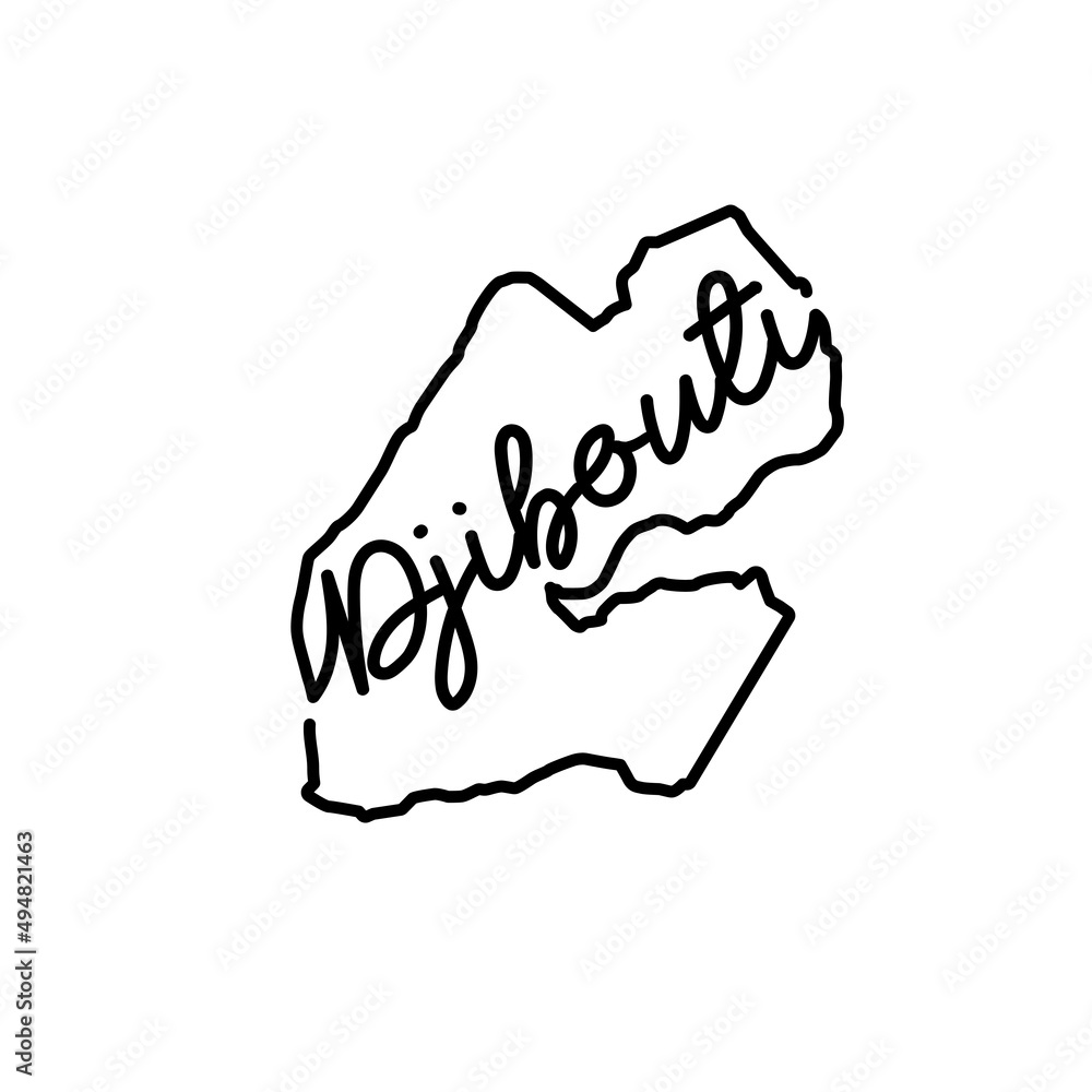 Djibouti outline map with the handwritten country name. Continuous line drawing of patriotic home sign. A love for a small homeland. T-shirt print idea. Vector illustration. Djibouti outline map with the handwritten country name. Continuous line drawing of patriotic home sign. A love for a small homeland. T-shirt print idea. Vector illustration.