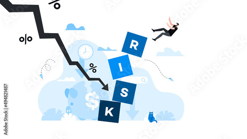 Falling from lightning strike from tower of cubes businessman. Word risk. Animation ready duik friendly vector. Conceptual business story. Financial crisis, economic recession, bankruptcy, depression.