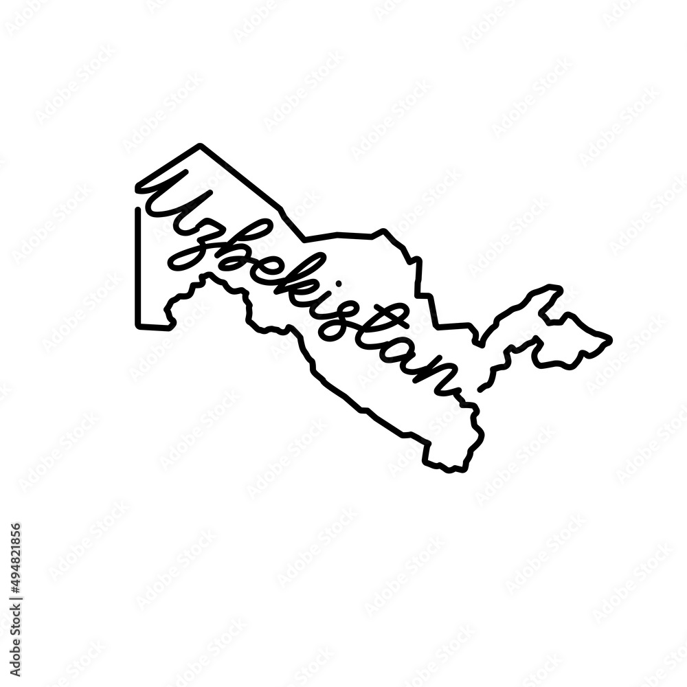 Uzbekistan outline map with the handwritten country name. Continuous line drawing of patriotic home sign. A love for a small homeland. T-shirt print idea. Vector illustration. Uzbekistan outline map with the handwritten country name. Continuous line drawing of patriotic home sign. A love for a small homeland. T-shirt print idea. Vector illustration.