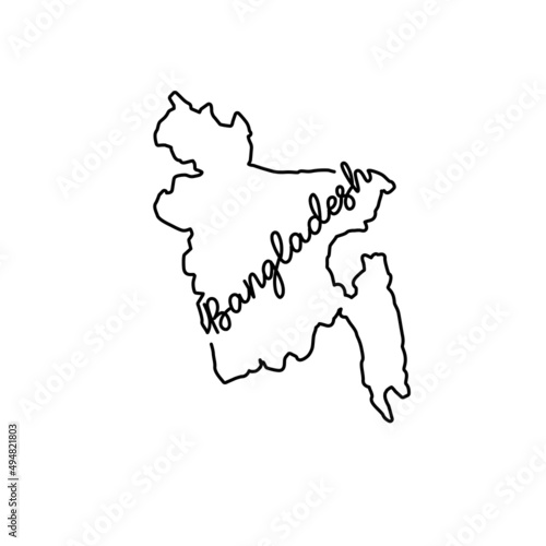 Bangladesh outline map with the handwritten country name. Continuous line drawing of patriotic home sign. A love for a small homeland. T-shirt print idea. Vector illustration.