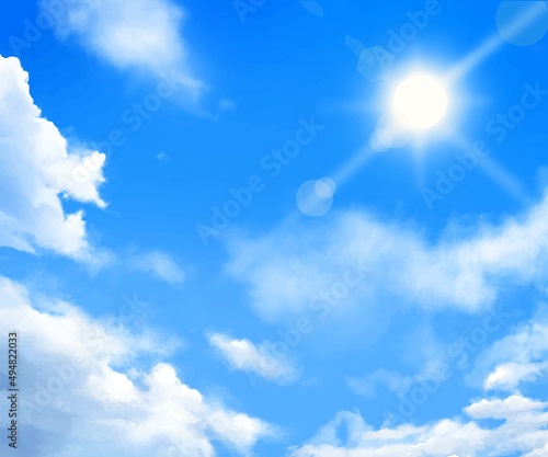 太陽の光り輝く空に雲と青空の美しい初夏フレーム背景素材
