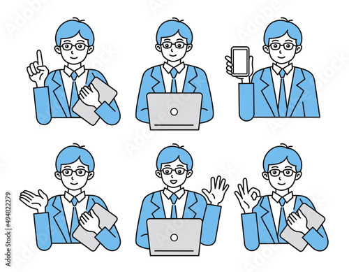 働く男性の様々なイラストセット. ビジネスのコンセプトデザイン. 白背景にベクター素材.