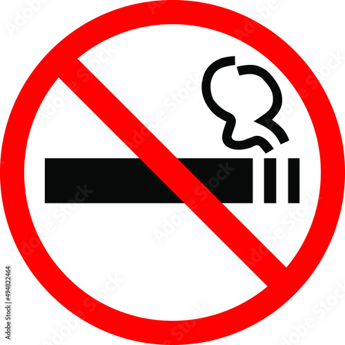 Black burning cigarette in forbidding crossed out red circle on white background. The sign, logo, embleme or simbol of no smoking area or zone