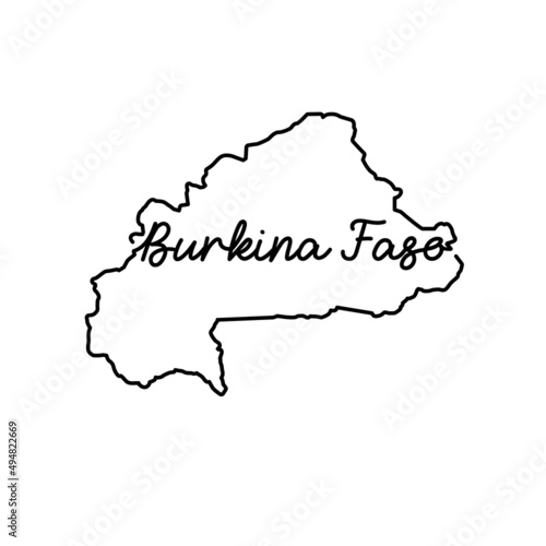 Burkina Faso outline map with the handwritten country name. Continuous line drawing of patriotic home sign. A love for a small homeland. T-shirt print idea. Vector illustration.