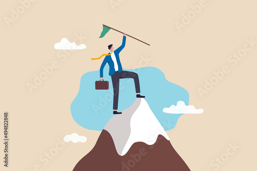 Business pioneer, conqueror be the first to explore success opportunity, achievement or new market segment, exploration concept, confidence businessman holding winner flag on top of mountain peak.