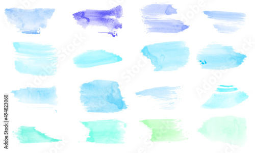 A large collection of watercolor strokes in blue-green color.