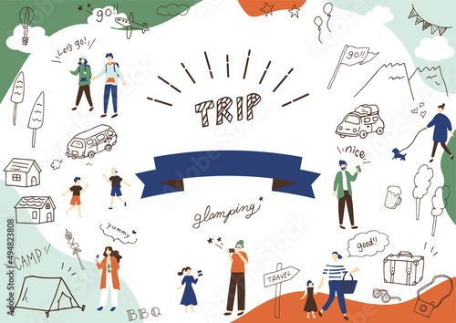 アウトドア　キャンプの人物と手描きアイコンセット
