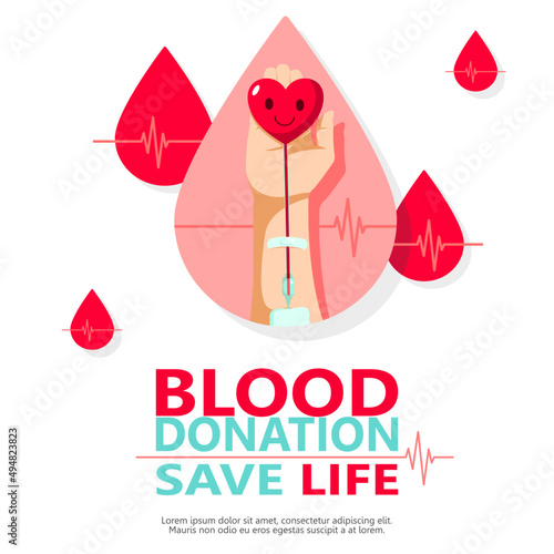 Smiling heart donating blood to arms. blood donors for poster, banner, and background. Vector illustration Flat Design for blood donation day concept.