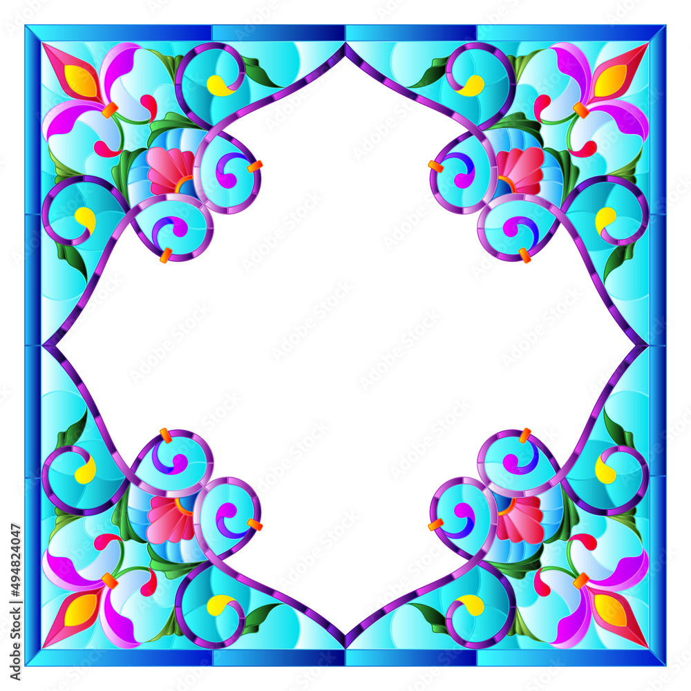 Illustration in stained glass style flower frame, bright flowers and leaves in blue frame on a white background Illustration in stained glass style flower frame, bright flowers and leaves in blue frame on a white background