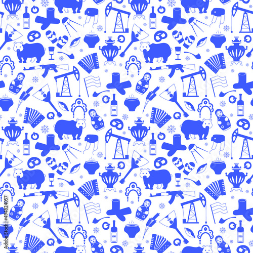 Seamless pattern on the theme of travel in the country of Russia, a simple outline of cartoon icons with a typical country characters, a blue silhouettes of icons on the white background 