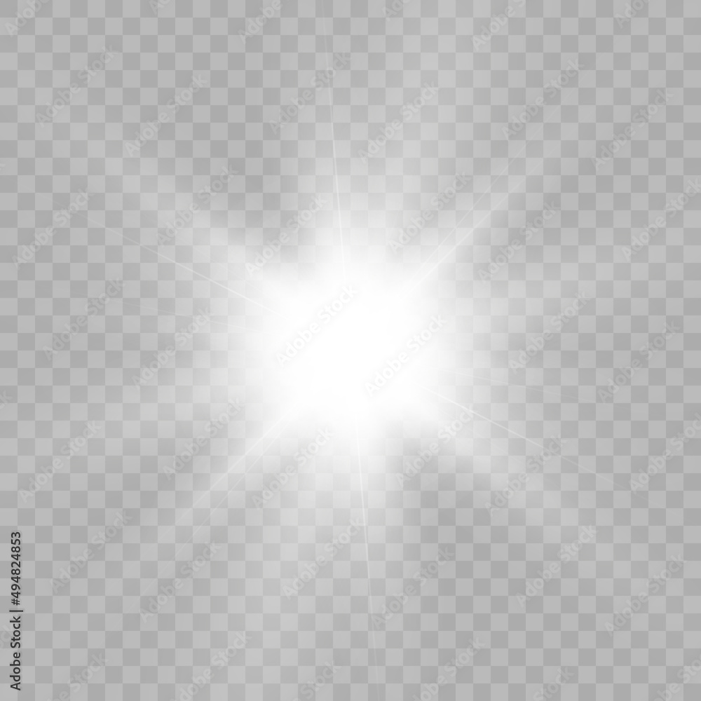 White beautiful light explodes with a transparent explosion. Vector, bright illustration for perfect effect with sparkles. Bright Star. Transparent shine of the gloss gradient, bright flash.
