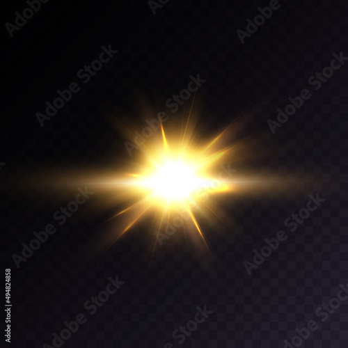 The yellow beautiful light explodes with a transparent explosion. Vector, bright illustration for a perfect glitter effect. Bright Star. Transparent glossy gradient glitter, bright flash.