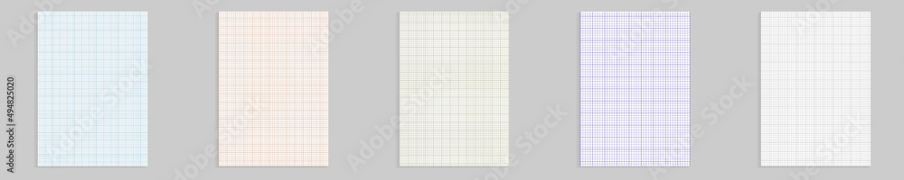 Grid paper set. Realistic blank lined paper sheet in A4 format. Squared background with color graph. Geometric pattern for school, wallpaper, textures, notebook. Lined blank on transparent background Grid paper set. Realistic blank lined paper sheet in A4 format. Squared background with color graph. Geometric pattern for school, wallpaper, textures, notebook. Lined blank on transparent background
