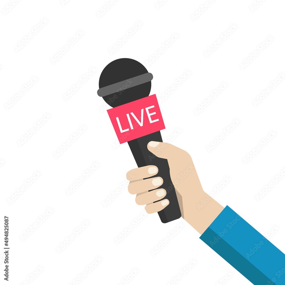 dood Riskant Anzai Stockvector Journalist hand holding microphones performing interview.  Illustration of microphone for news, broadcasting live news. | Adobe Stock