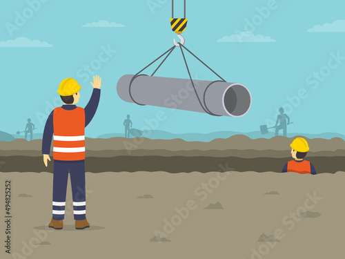 Laying and joining of water supply pipes. Lifting operations in construction. The worker shows stop gesture. Back view. Flat vector illustration template.