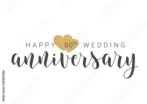 Vector Illustration. Handwritten Lettering of Happy 60th Wedding Anniversary. Template for Banner, Card, Label, Postcard, Poster, Sticker, Print or Web Product. Objects Isolated on White Background. photo