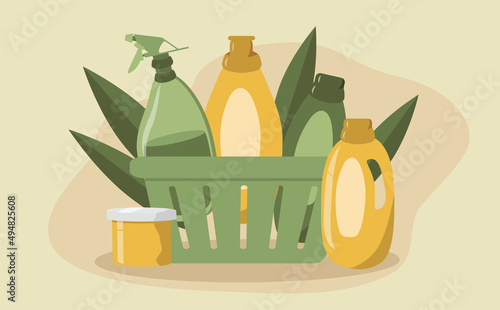 vector illustration. home cleaning products. environmentally friendly cleaning products. household chemicals, soap, brushes. trend illustration in flat style